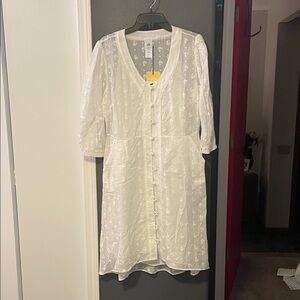 White Button-Up Embroidered Dress